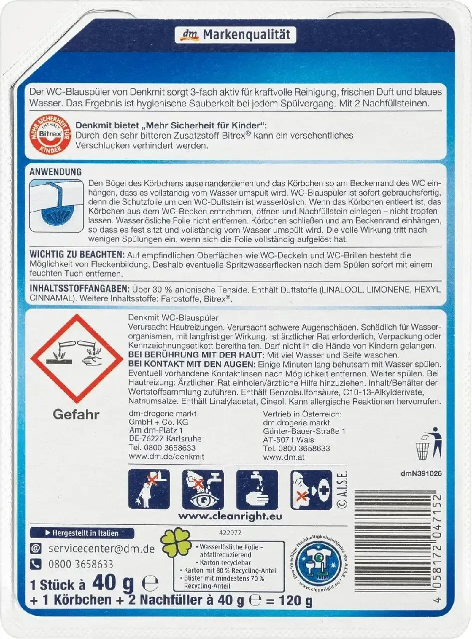 Підвісний блок для унітазу Denkmit WC Blauspüler 3-fach activ 3шт22